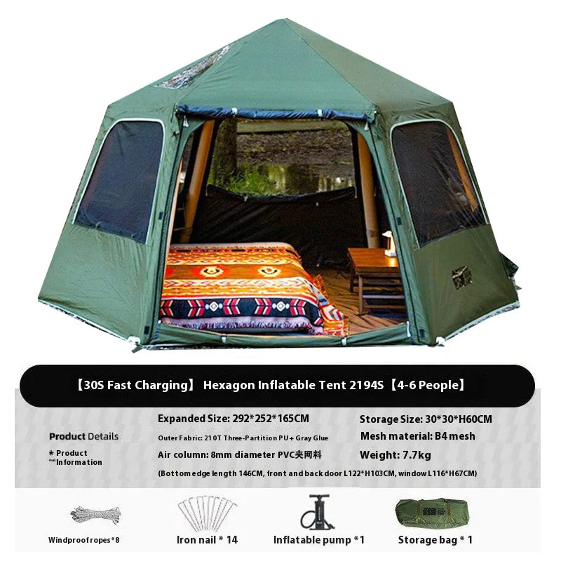 Large Inflatable Camping Tent - Hexagonal, 4-6 Person with Canopy