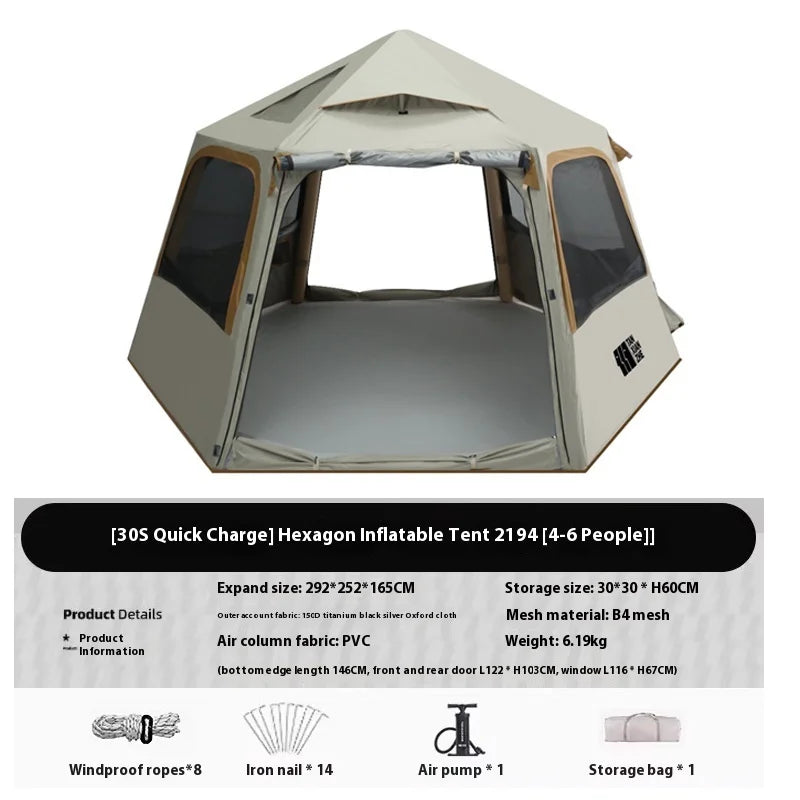 Large Inflatable Camping Tent - Hexagonal, 4-6 Person with Canopy