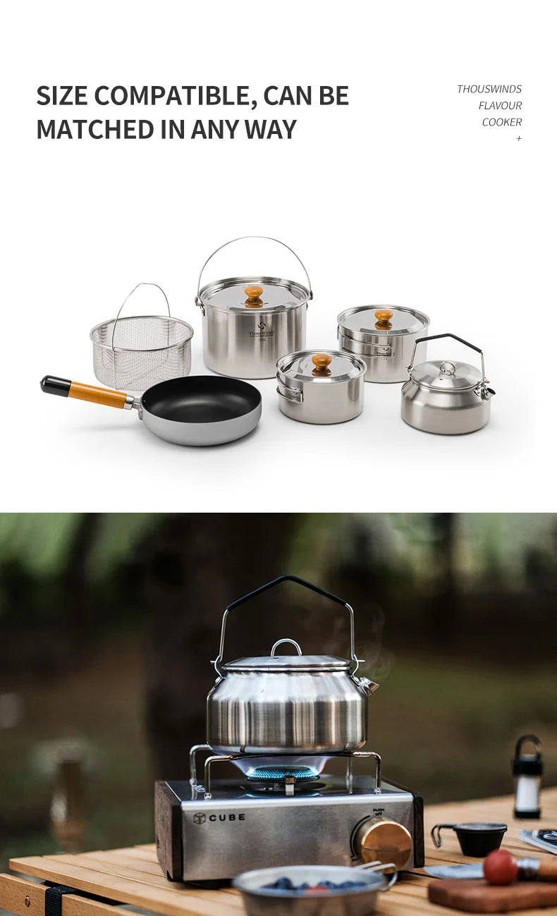 Thous Winds Camping Cookware Set Stainless Steel Outdoor Cooking Kit Tableware Cookset Pan Bowl Kettle Pot Picnic with Mesh Bag