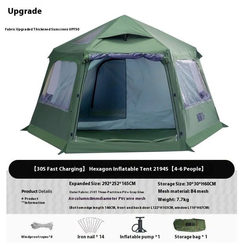 Large Inflatable Camping Tent - Hexagonal, 4-6 Person with Canopy