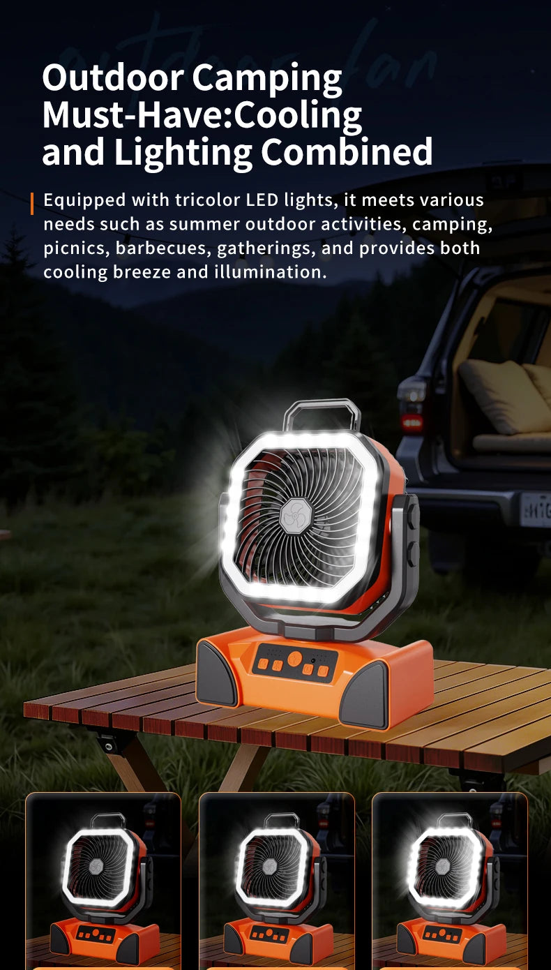 Outdoor Portable Fan 50000mAh Battery Operated with Turbo High-Speed Brushless Motor Auto-Swing for Camping Hiking Picnic BBQ