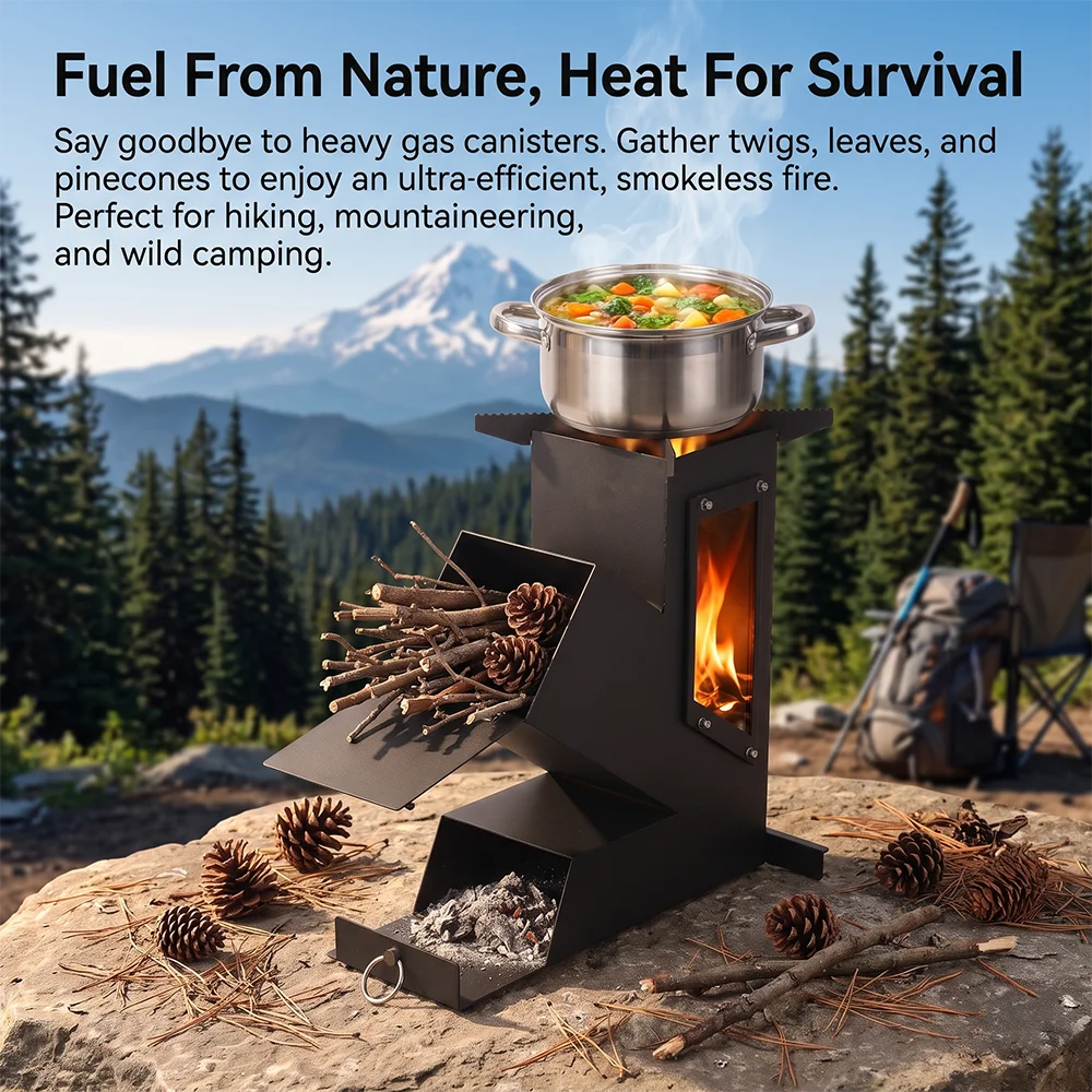 Pandatour Outdoor Portable Stainless Steel Rocket Stove For Outdoor Cooking Camping Stove Heating And Cooking Wood Stove
