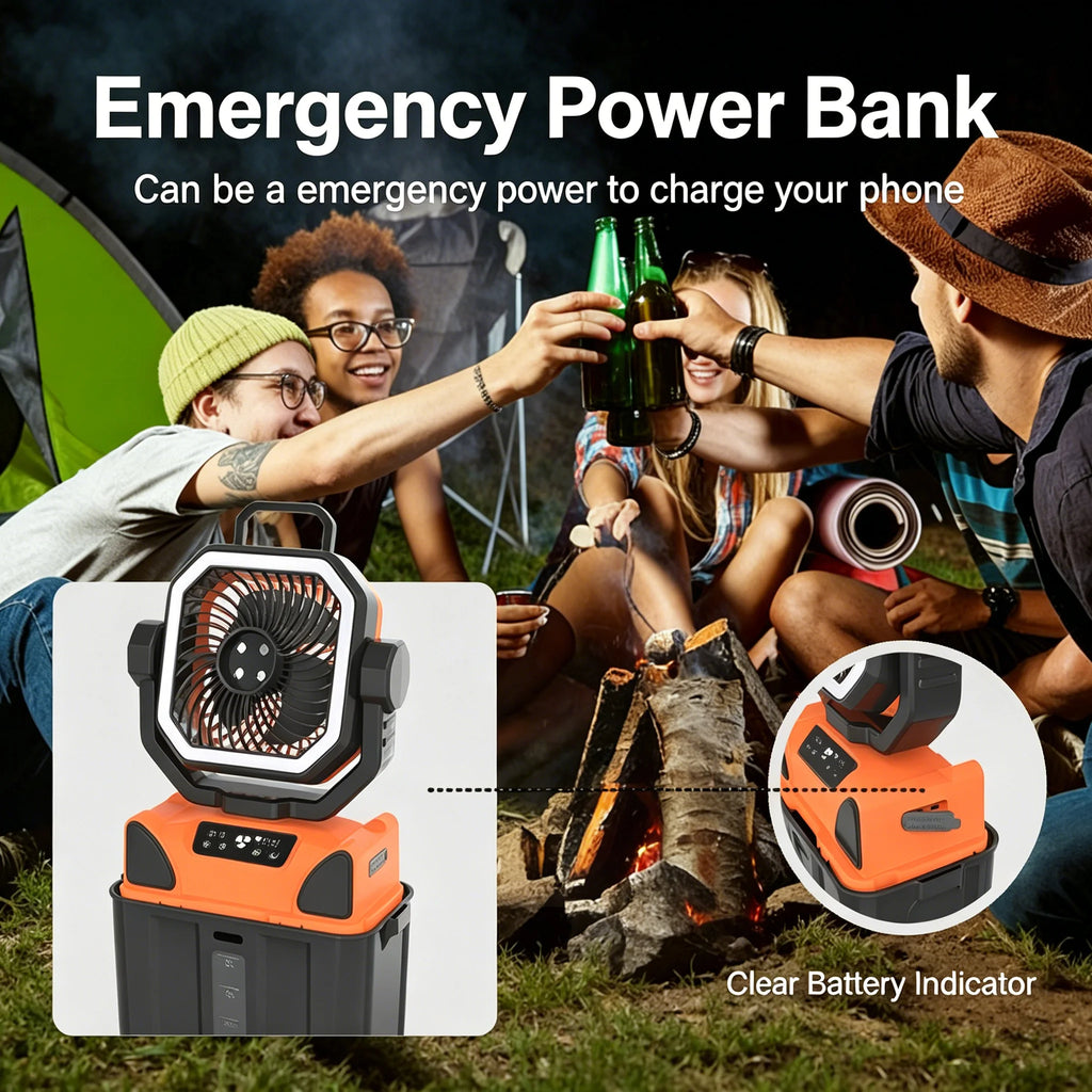 Outdoor Portable Fan 50000mAh Battery Operated with Turbo High-Speed Brushless Motor Auto-Swing for Camping Hiking Picnic BBQ
