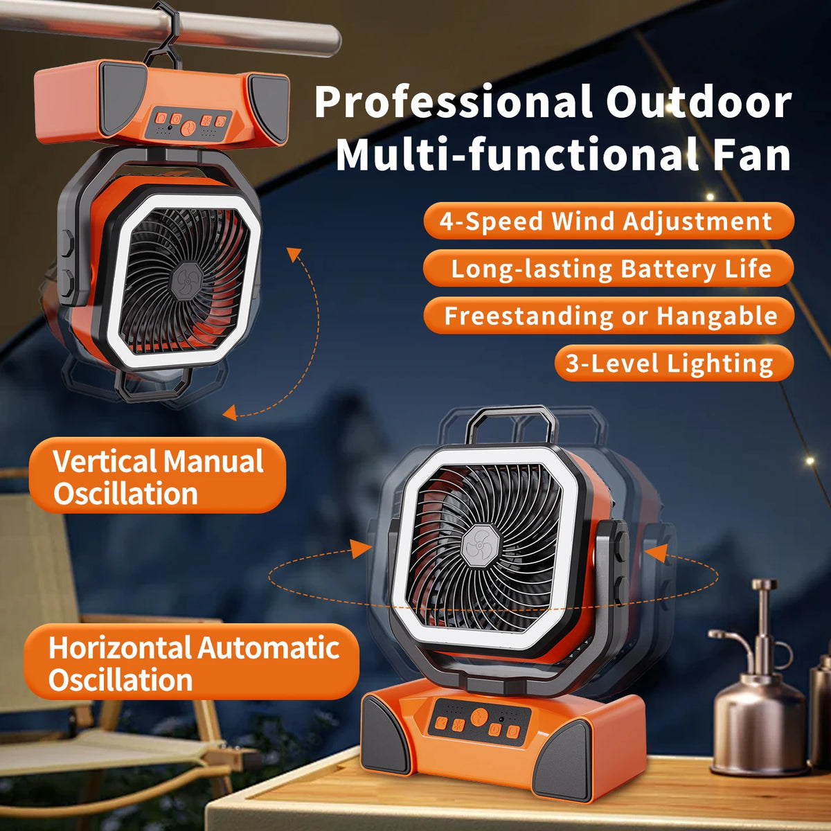 Outdoor Portable Fan 50000mAh Battery Operated with Turbo High-Speed Brushless Motor Auto-Swing for Camping Hiking Picnic BBQ
