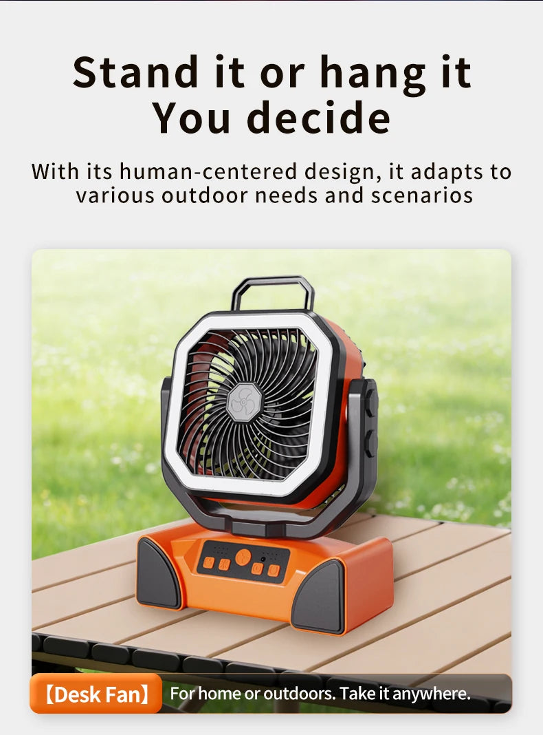 Outdoor Portable Fan 50000mAh Battery Operated with Turbo High-Speed Brushless Motor Auto-Swing for Camping Hiking Picnic BBQ