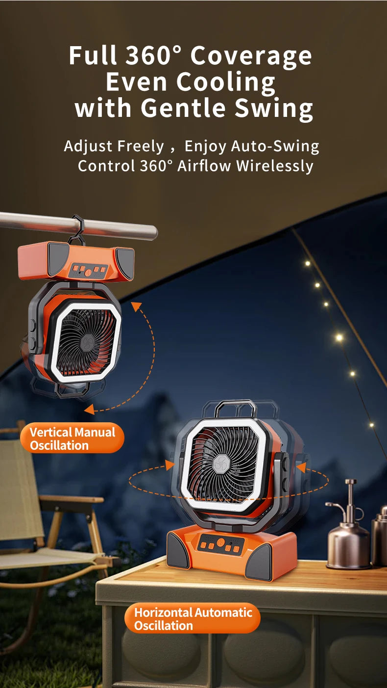 Outdoor Portable Fan 50000mAh Battery Operated with Turbo High-Speed Brushless Motor Auto-Swing for Camping Hiking Picnic BBQ