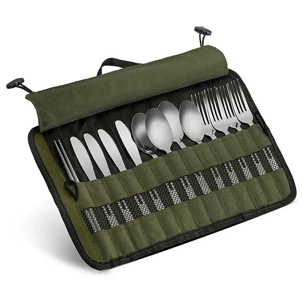 Portable Roll Up Pouch Bag Outdoor Camping Cutlery Storage Bag Cutlery Storage Water Resistant Case For Forks Spoons Chopstick