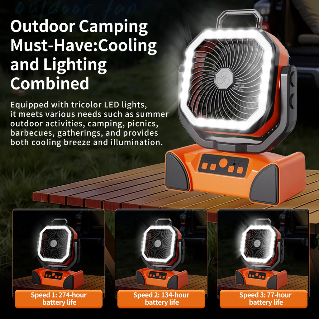Outdoor Portable Fan 50000mAh Battery Operated with Turbo High-Speed Brushless Motor Auto-Swing for Camping Hiking Picnic BBQ