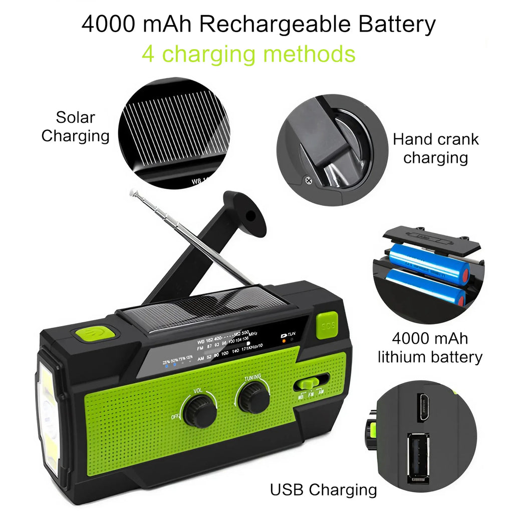 Portable Solar Hand Crank AM/FM Radio — Flashlight, Power Bank & SOS