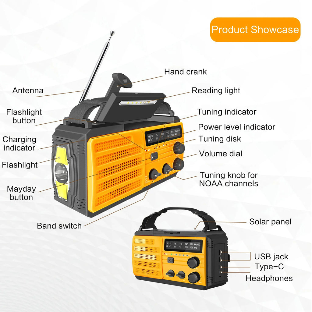 Portable Solar Hand Crank AM/FM Radio — Flashlight, Power Bank & SOS