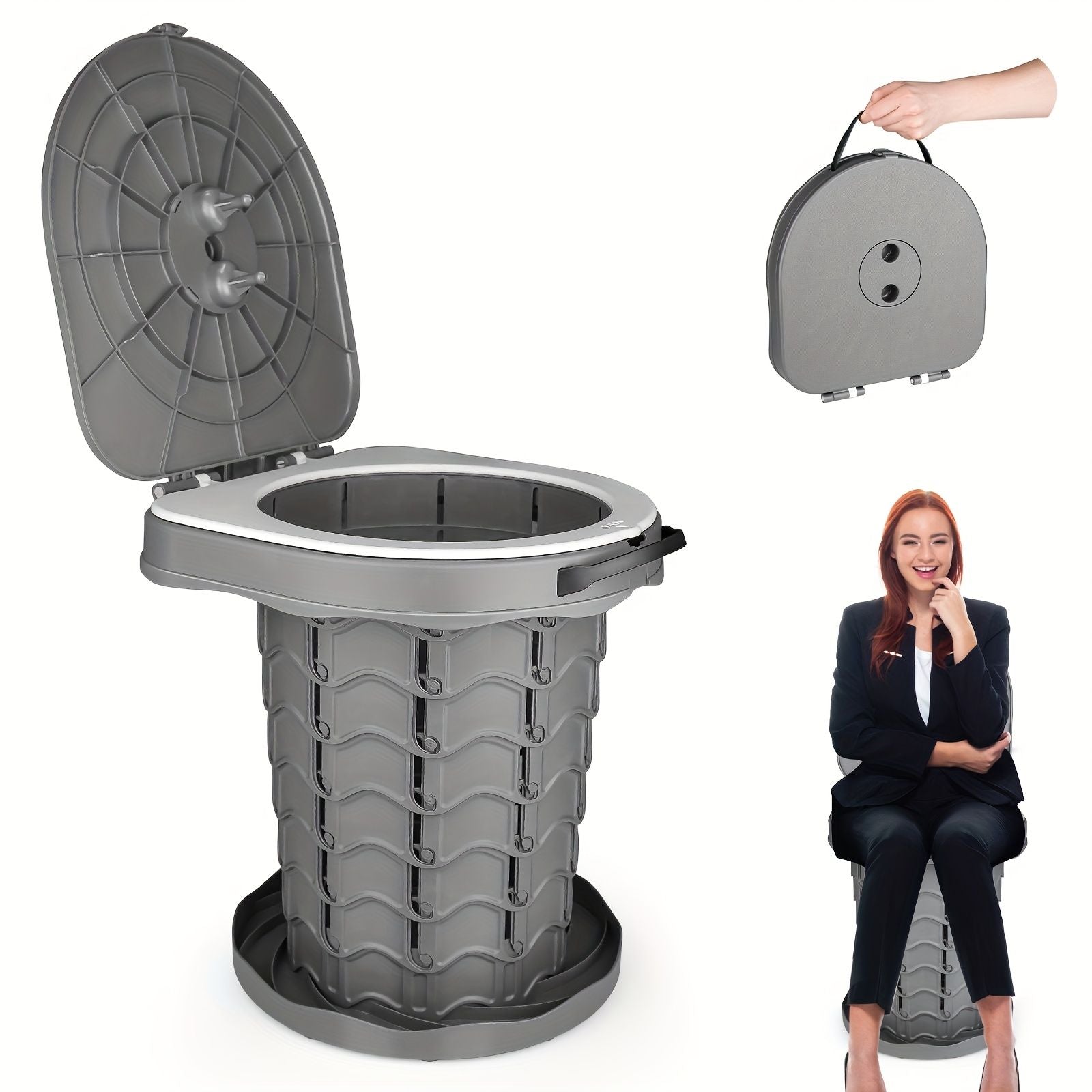 Gray Black collapsible camping toilet, portable outdoor toilet, camping furniture Australia, lightweight camping gear, compact toilet for travel, camping sanitation solution