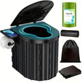 Black collapsible camping toilet, portable outdoor toilet, camping furniture Australia, lightweight camping gear, compact toilet for travel, camping sanitation solution
