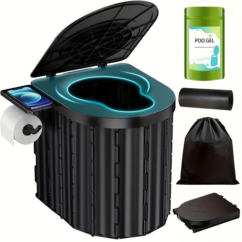 Black collapsible camping toilet, portable outdoor toilet, camping furniture Australia, lightweight camping gear, compact toilet for travel, camping sanitation solution