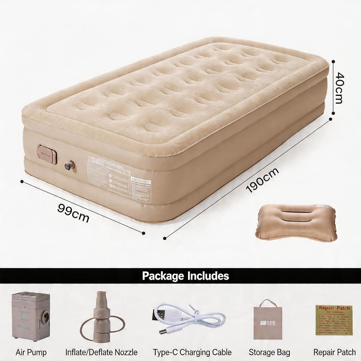 Single Air Mattress with Built-In Pump, Portable Inflatable Bed, Blow up Mattress for Camping Travel Home Guests, 191 * 100 * 40Cm Beige