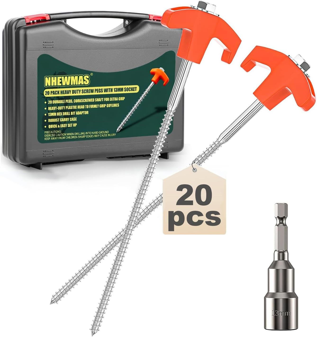 Screw in Tent Pegs 21-Piece Set, 8'' Heavy Duty Camping Stakes X 20 with 13Mm Socket X 1, Essential Camping Accessories for Tent Canopy Awning Outdoor Hiking