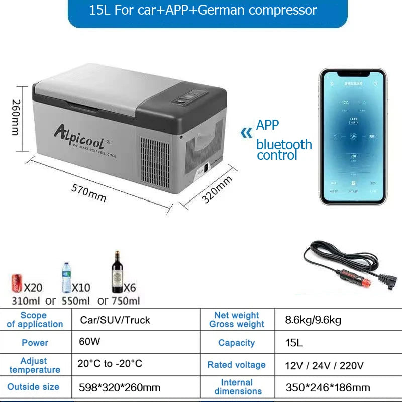 Alpicool 15L Mini Fridge Compressor Refrigeration 12V/24 Car Refrigerator Portable Freezer Cooler for Outdoor Camping Fridge
