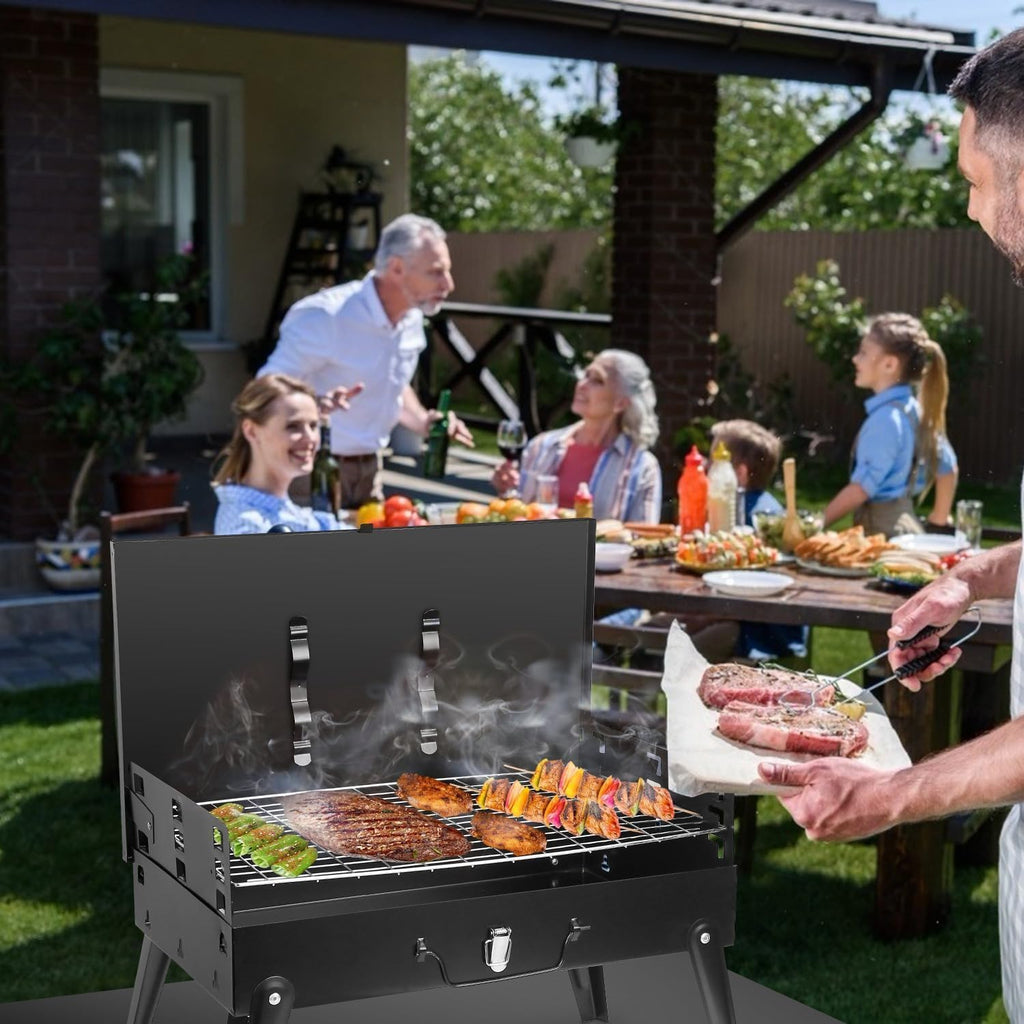 BBQ Grill Outdoor Folding Charcoal, Foldable Camping Grill with Barbecue Accessories & Lid for Outdoor Cooking Camp Picnic Hiking Beach Patio Smokers
