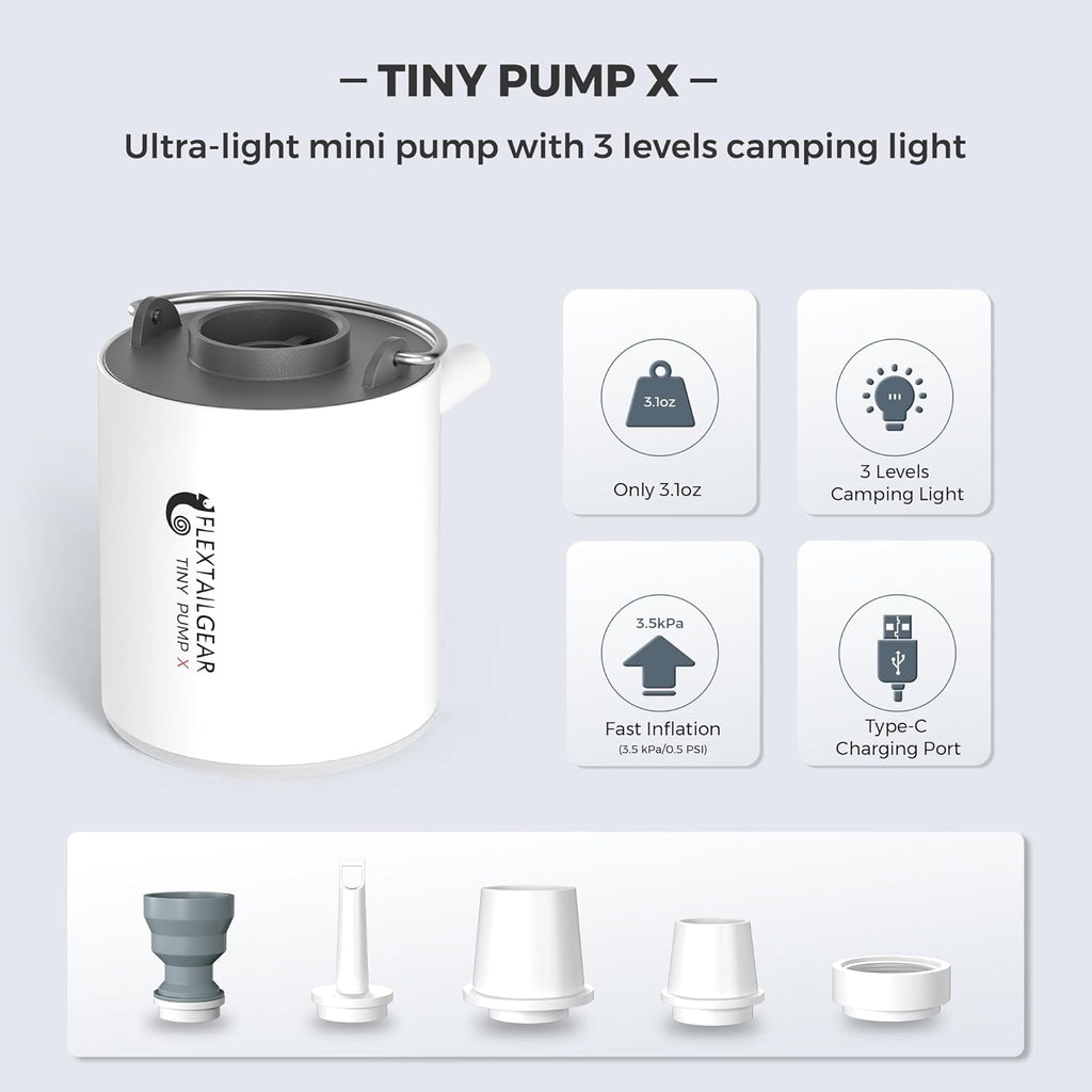 Tiny Pump Portable Air Pump+ Camping Light Ultra-Mini Air Pump with 1300Mah Battery USB Rechargeable for Pool Floats Air Bed Air Mattress Swimming Ring Vacuum Storage Bags