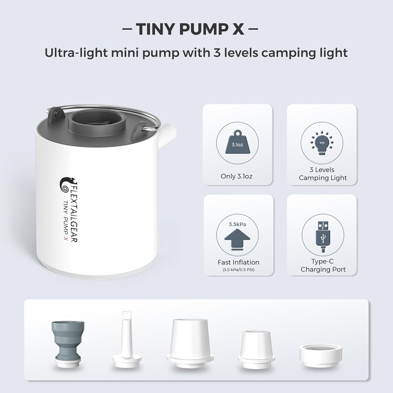 Tiny Pump Portable Air Pump+ Camping Light Ultra-Mini Air Pump with 1300Mah Battery USB Rechargeable for Pool Floats Air Bed Air Mattress Swimming Ring Vacuum Storage Bags
