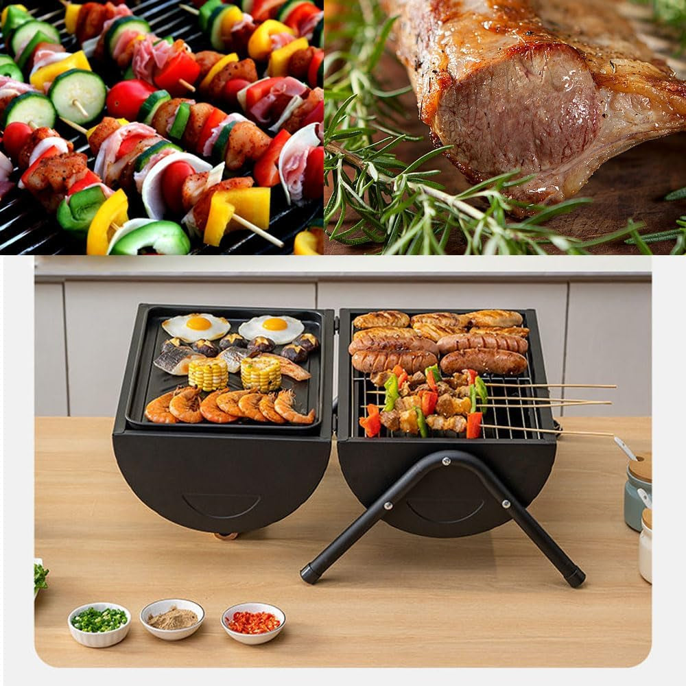 Camping Portable Charcoal Grill Stainless Steel Park BBQ Stoves Grills Folding Hibachi Grill with Handle, Mini Black Barbecue Smoker Grill for Outdoor