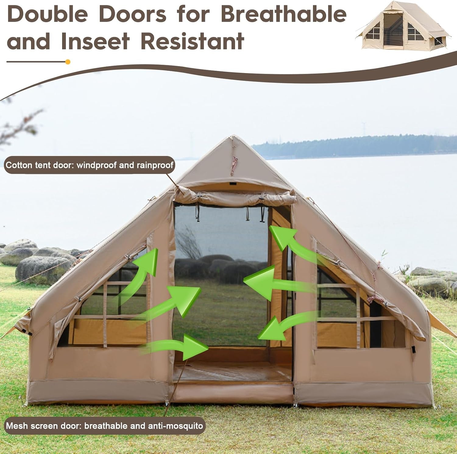 4 Person Inflatable Glamping Tents, Easy Setup Outdoor Weatherproof Tent with Mesh Windows
