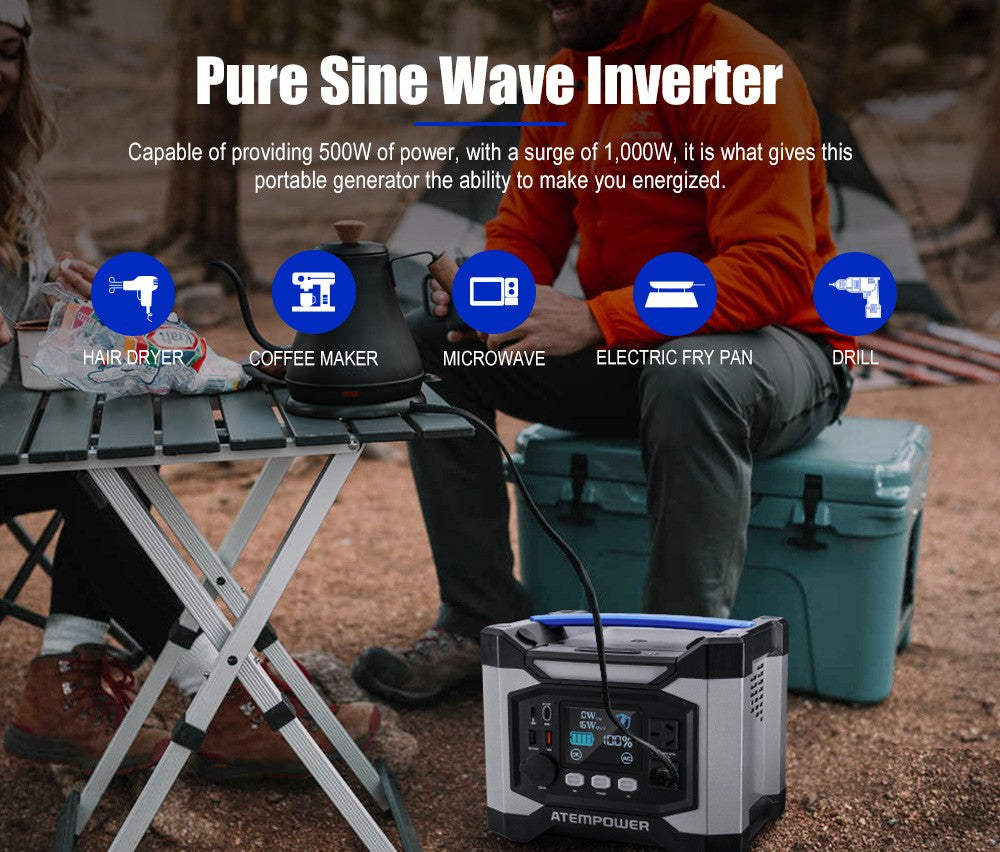 Atem Power Portable Power Station 500W Solar Generator 518Wh Charging RV Backup