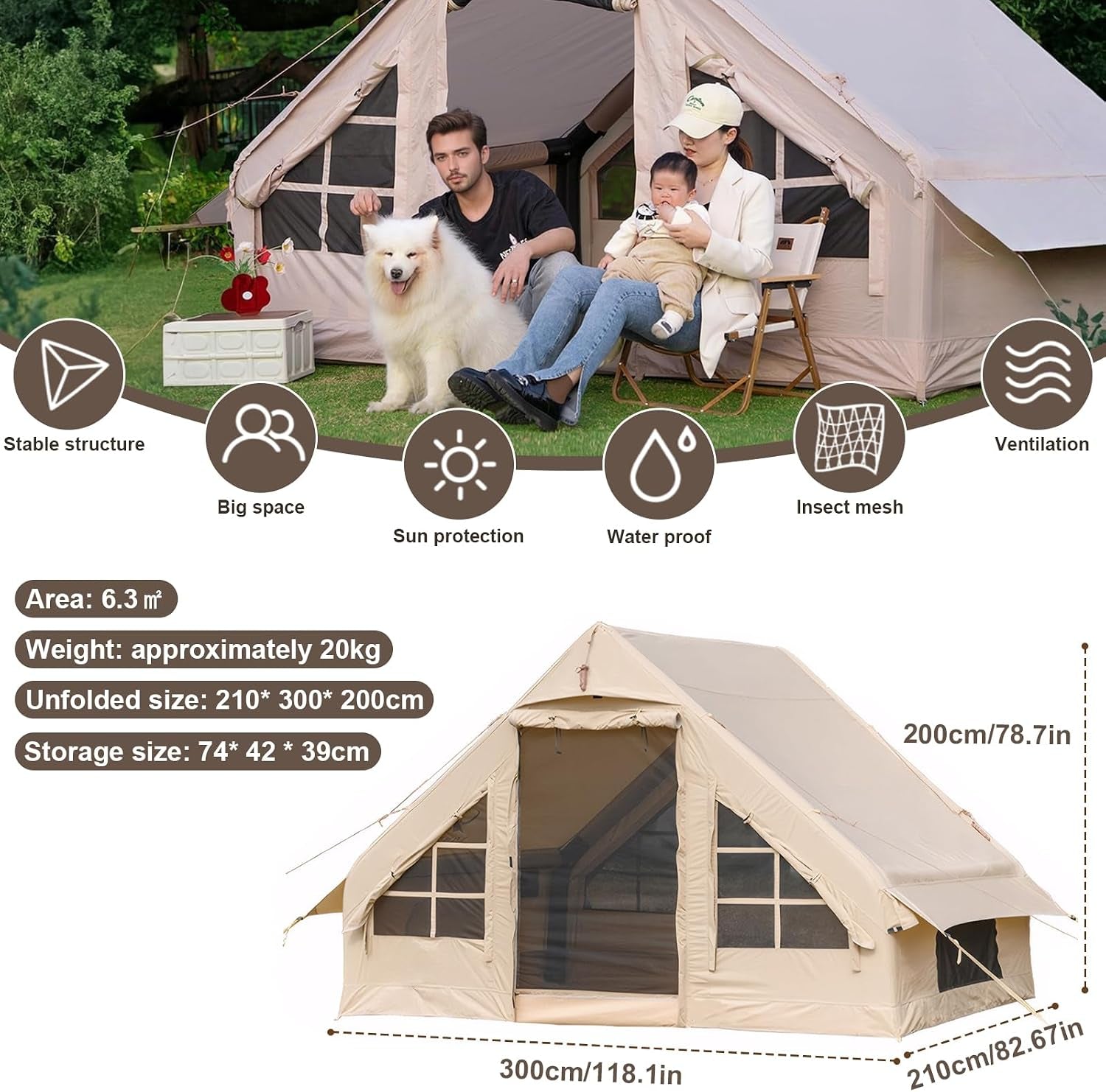 4 Person Inflatable Glamping Tents, Easy Setup Outdoor Weatherproof Tent with Mesh Windows