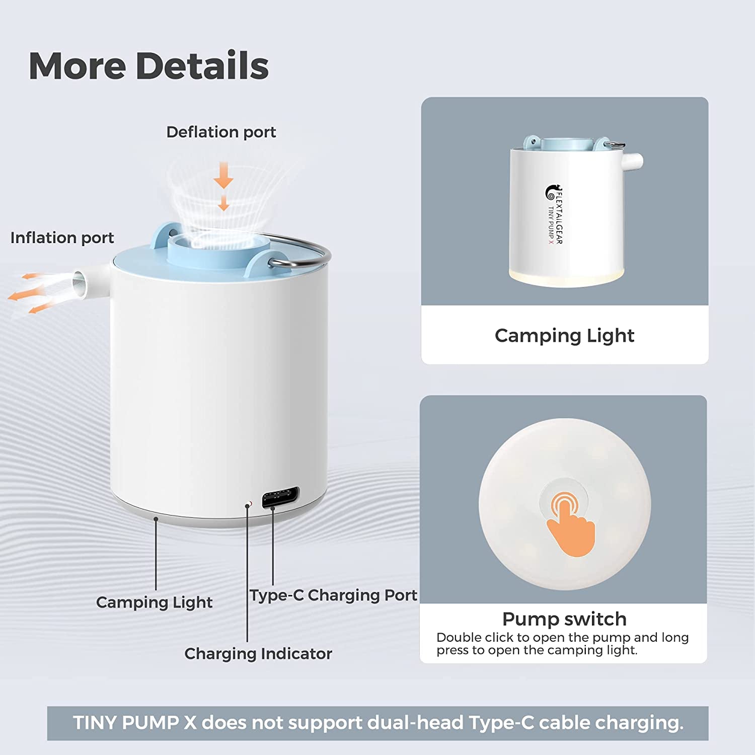 Tiny Pump Portable Air Pump+ Camping Light Ultra-Mini Air Pump with 1300Mah Battery USB Rechargeable for Pool Floats Air Bed Air Mattress Swimming Ring Vacuum Storage Bags