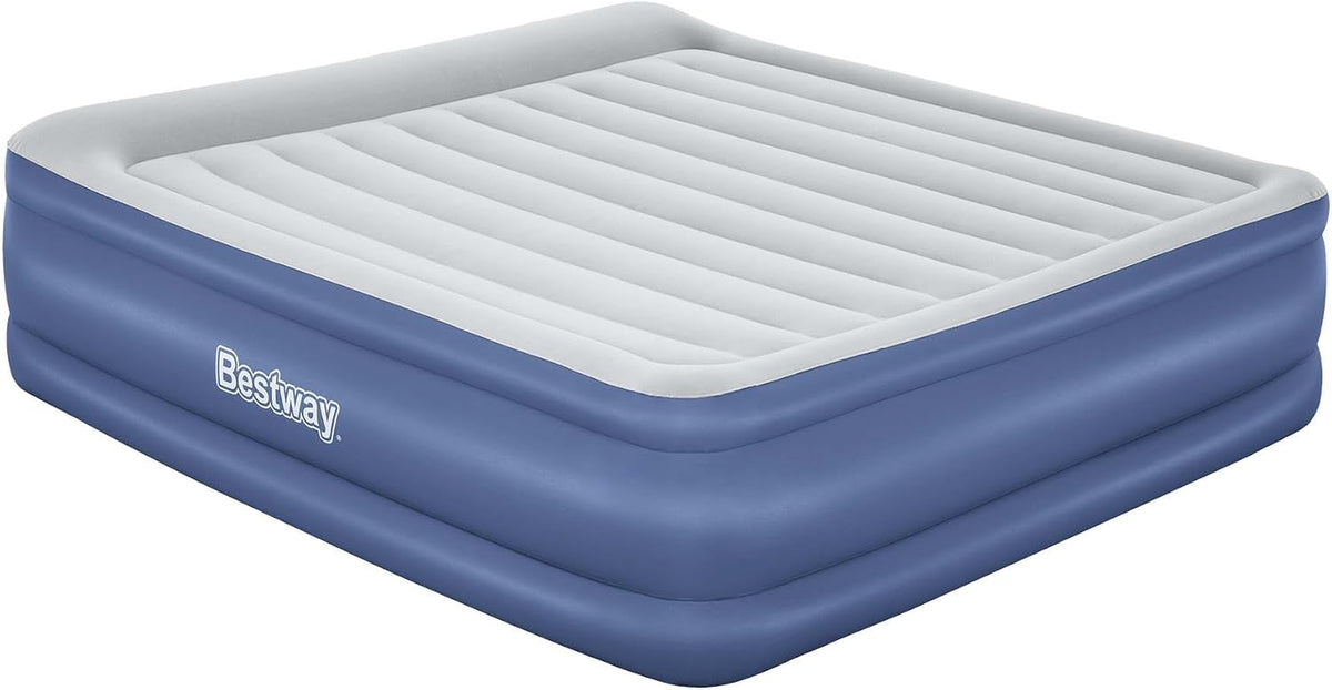 King Air Mattress with AC Pump Camping Inflatable Bed Travel Blue | Built-In AC Pump Inflates Quickly; Includes Carry Bag and Pillow with Flocked Surface for Camping and Indoor Guest Use.