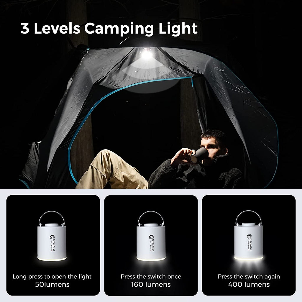 Tiny Pump Portable Air Pump+ Camping Light Ultra-Mini Air Pump with 1300Mah Battery USB Rechargeable for Pool Floats Air Bed Air Mattress Swimming Ring Vacuum Storage Bags