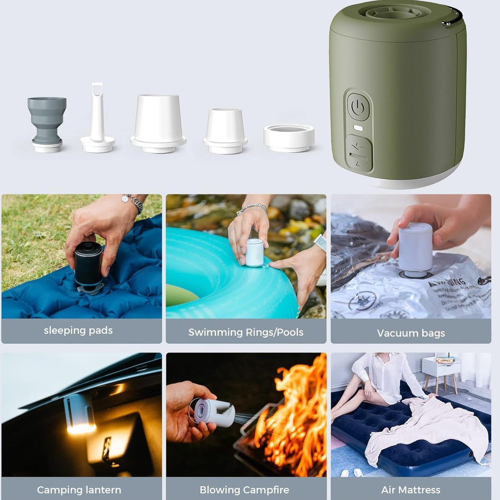 Electric Air Pump for Inflatables, Mini Portable Rechargeable Inflate Deflate Pump with Camping Light for Air Mattress Swimming Rings Pool Floats Raft Bed Bouncy Yoga Ball Vacuum Storage Bags