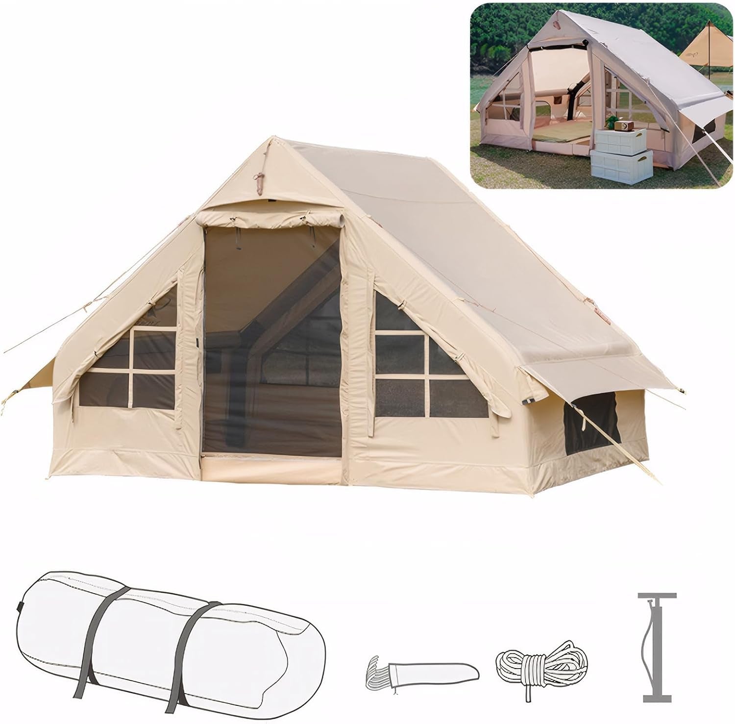 4 Person Inflatable Glamping Tents, Easy Setup Outdoor Weatherproof Tent with Mesh Windows