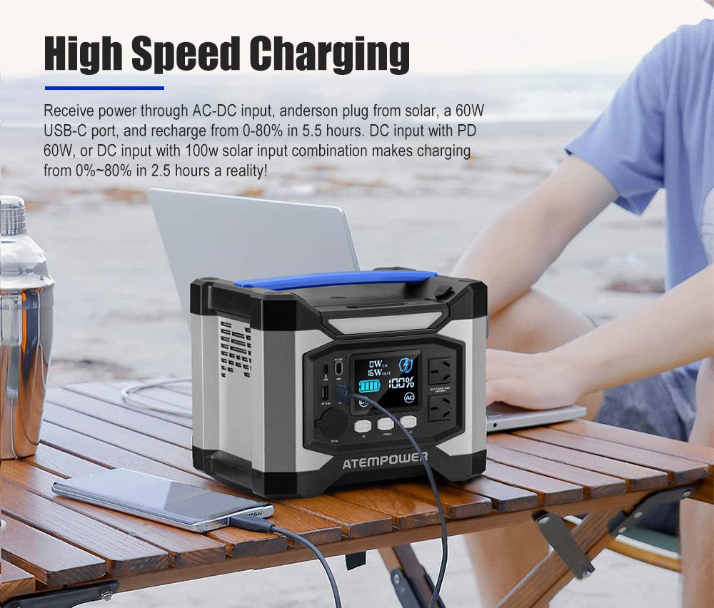 Atem Power Portable Power Station 500W Solar Generator 518Wh Charging RV Backup