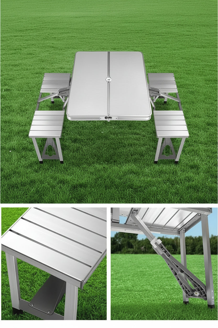 Camping Table with Chairs 85X66X66.5Cm Folding Portable Aluminium | Aluminium Framed Dining Set Suits Picnic Camp Travel, Garden Bench Seating and Beach BBQ Outings