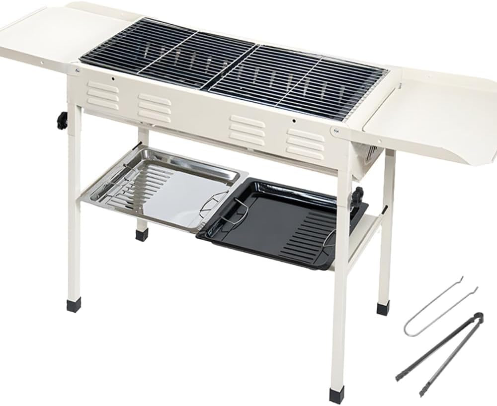 Portable Large Barbecue Charcoal Grill Stove Foldable Charcoal Outdoor Camping Barbecue Stainless Steel BBQ Grill, with 2 Grill Nets 2 Enamel Baking Pans Tong, 122X55X31Cm