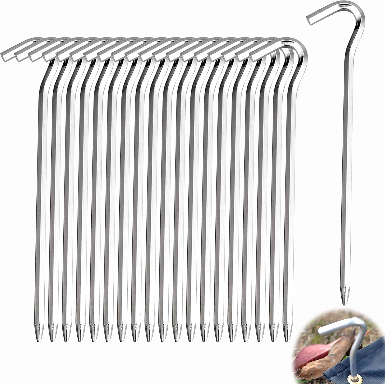 20Pcs Heavy Duty Aluminium Tent Pegs, 7Inch Galvanized Metal Tent Stakes with Hook for Camping, Garden, Fence - Silver (Betterjonny)