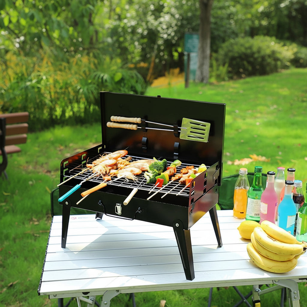 BBQ Grill Outdoor Folding Charcoal, Foldable Camping Grill with Barbecue Accessories & Lid for Outdoor Cooking Camp Picnic Hiking Beach Patio Smokers