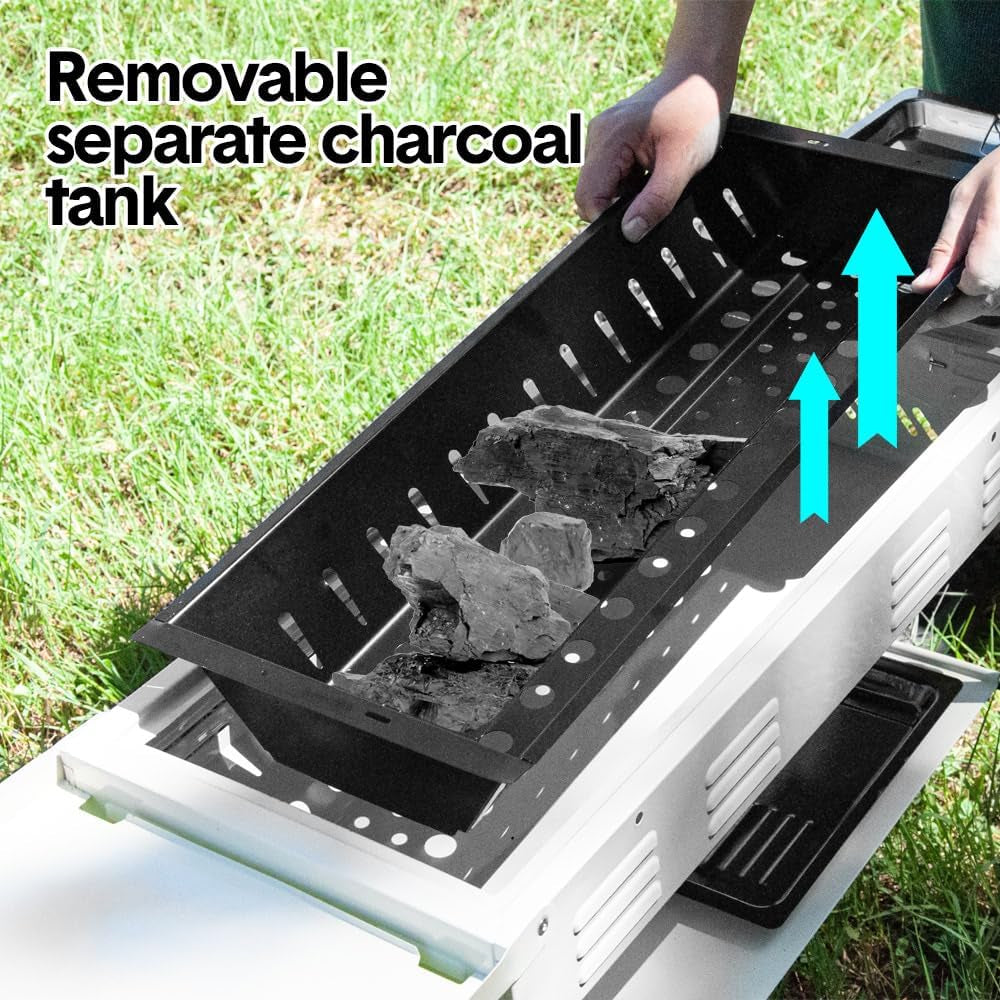 Portable Large Barbecue Charcoal Grill Stove Foldable Charcoal Outdoor Camping Barbecue Stainless Steel BBQ Grill, with 2 Grill Nets 2 Enamel Baking Pans Tong, 122X55X31Cm