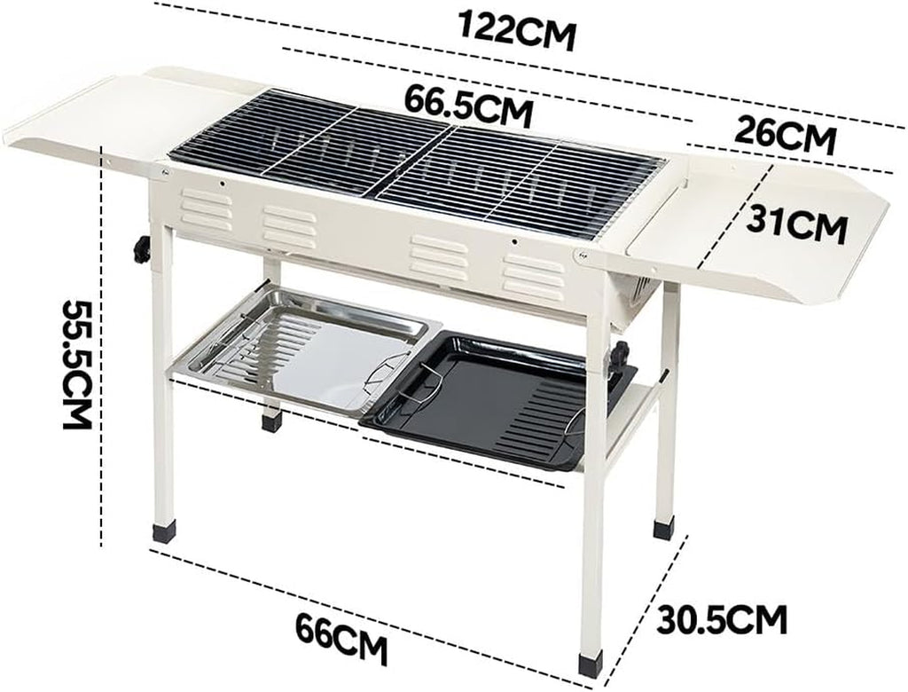 Portable Large Barbecue Charcoal Grill Stove Foldable Charcoal Outdoor Camping Barbecue Stainless Steel BBQ Grill, with 2 Grill Nets 2 Enamel Baking Pans Tong, 122X55X31Cm