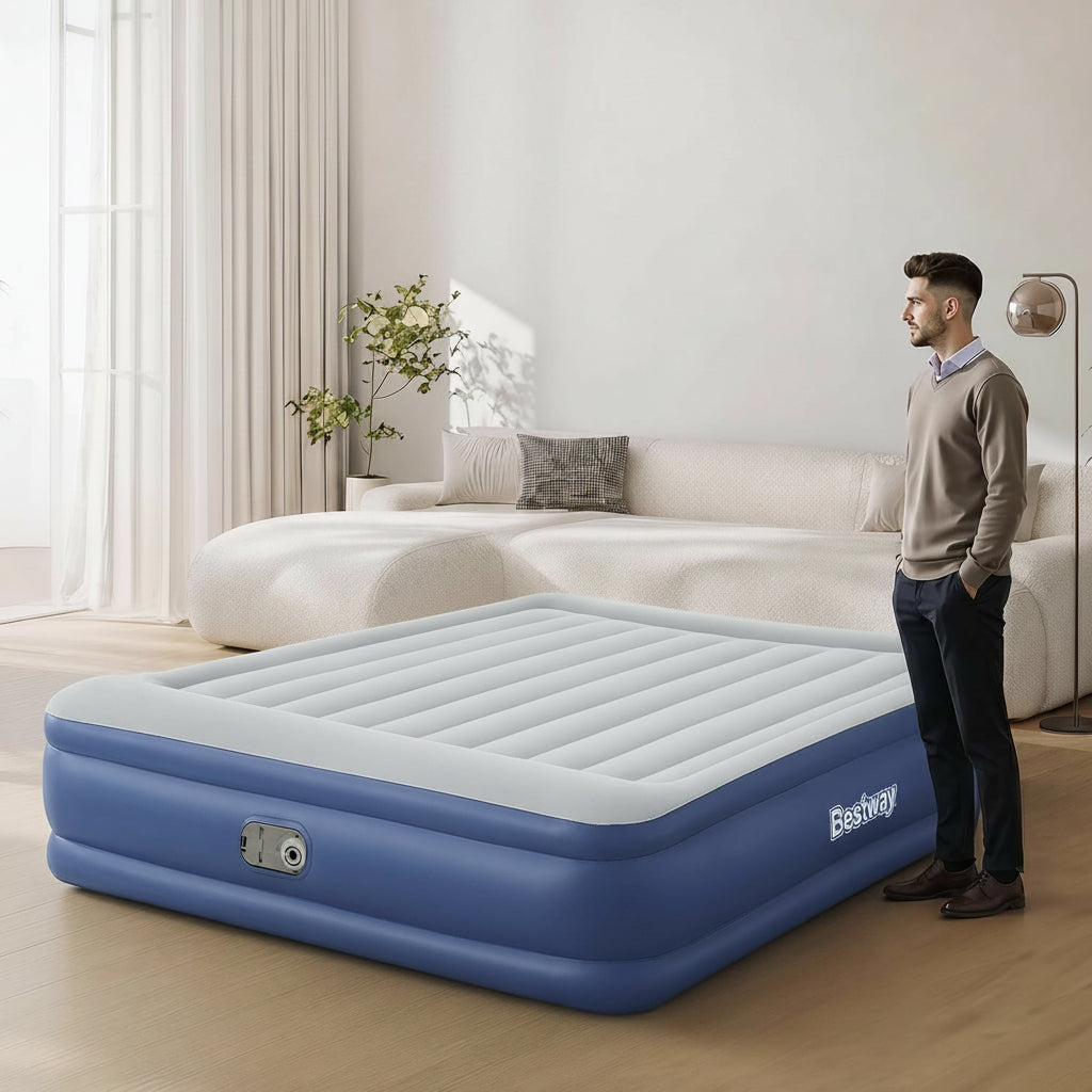 King Air Mattress with AC Pump Camping Inflatable Bed Travel Blue | Built-In AC Pump Inflates Quickly; Includes Carry Bag and Pillow with Flocked Surface for Camping and Indoor Guest Use.