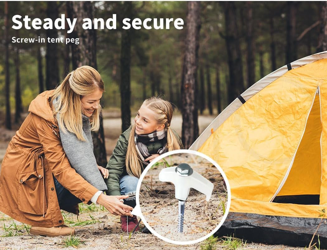 Tent Pegs Heavy Duty Screw Steel in Ground Camping Outdoor Stakes X15, 15Pcs Tent Stakes with Sotrage Box Case,Adaptor,Peg Puller, Galvanized Steel Tent Pegs for Camping,Garden,Sand,Beach